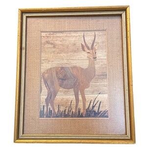 Vintage‎ Dry Banana Leaf Gazelle Artwork in Burlap Mat, East African